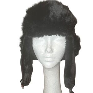 Norko Black Trapper Hat Real Rabbit Fur Trim Winter Warm Aviator Ushanka Style